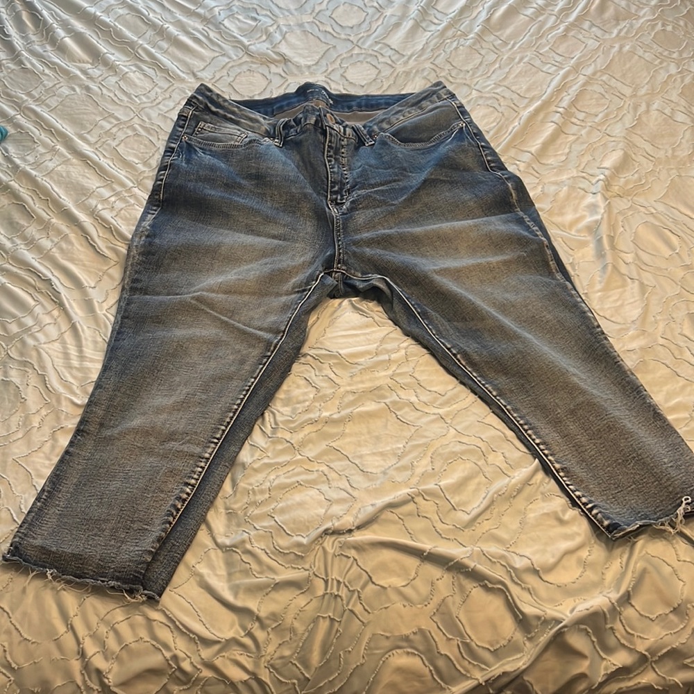 Royalty brand Stonewashed and distressed crop jeans. Curvy fit, size 16W.